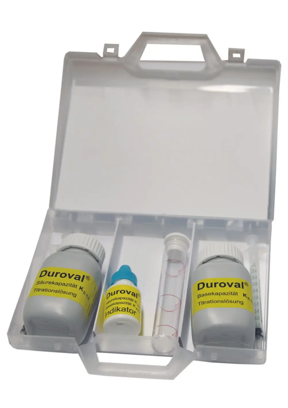 Duroval Messkit von Judo mit zwei Farbpulvern, einer Titrationslösung, einem Indikator und einer Messpipette in einem transparenten Kunststoffgehäuse.